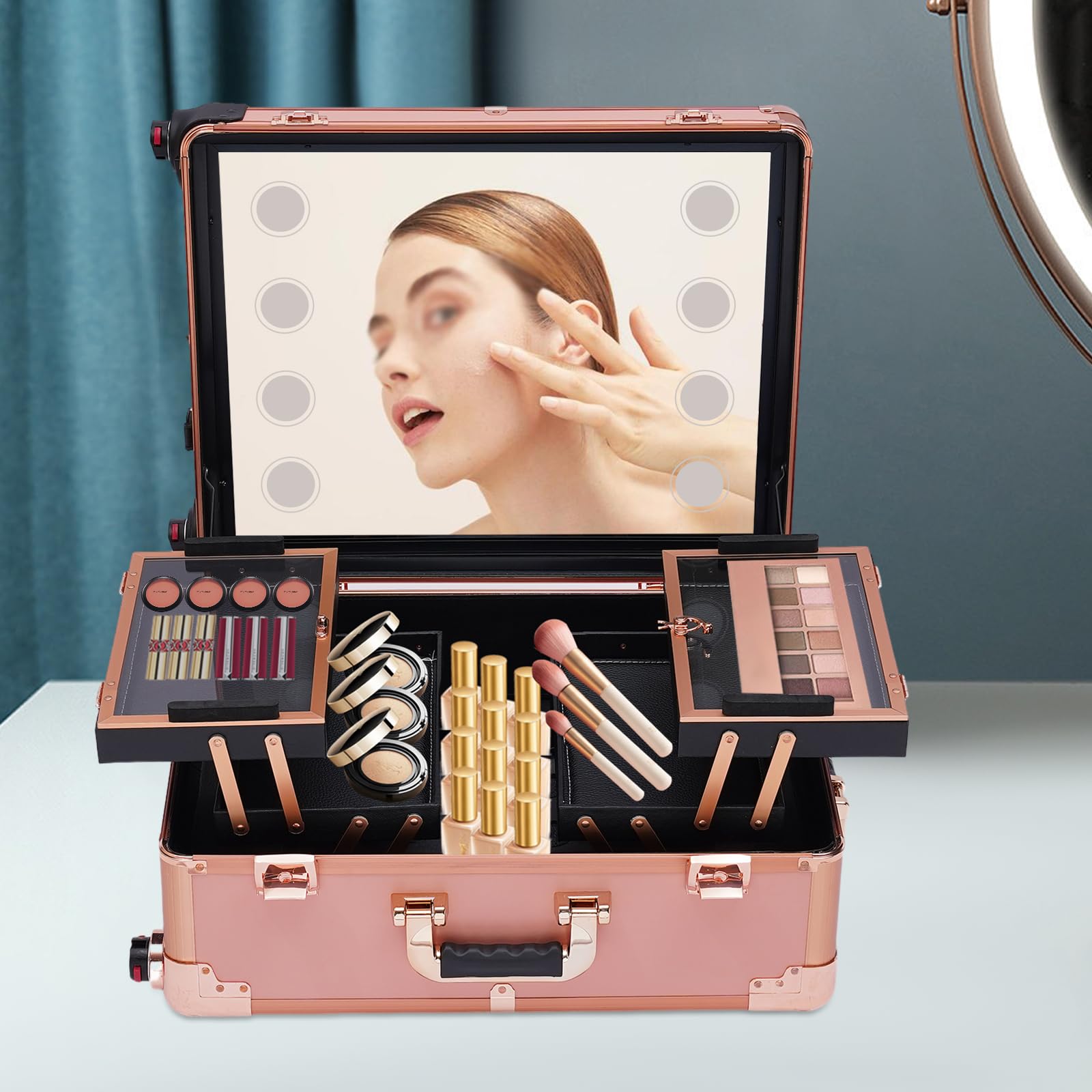 Patas Ajustables Maquillaje Maletín Maquillaje Profesional Con Ruedas Y Luz  - Rosa Con Espejo Organizador Maquillaje Rosa, image size:1600x1600