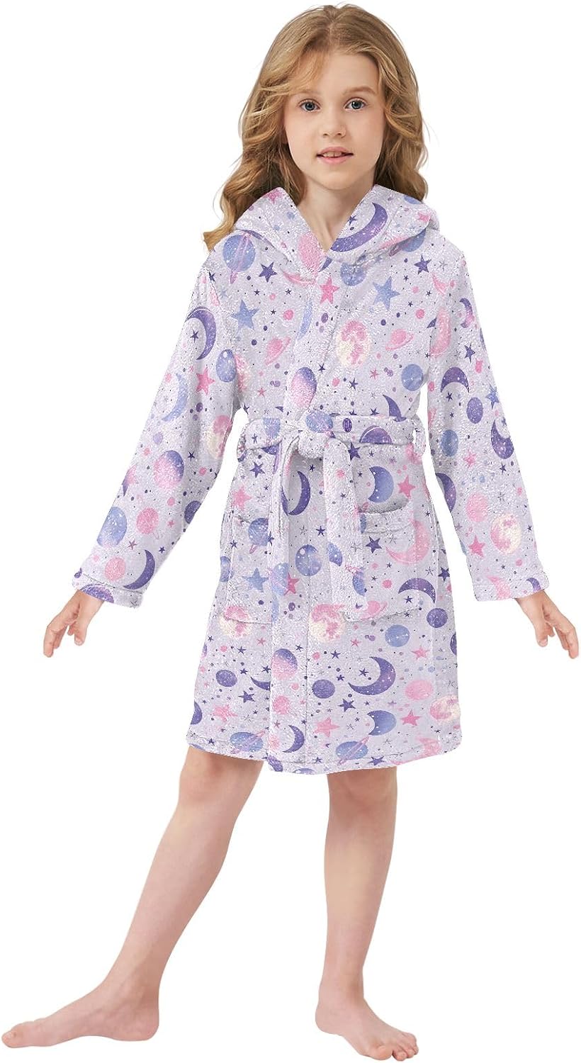 Bright Purple Moon Toddler Hooded Bathrobe for Boys Girls Soft Plush Bath Towel Robe 2-12 Years