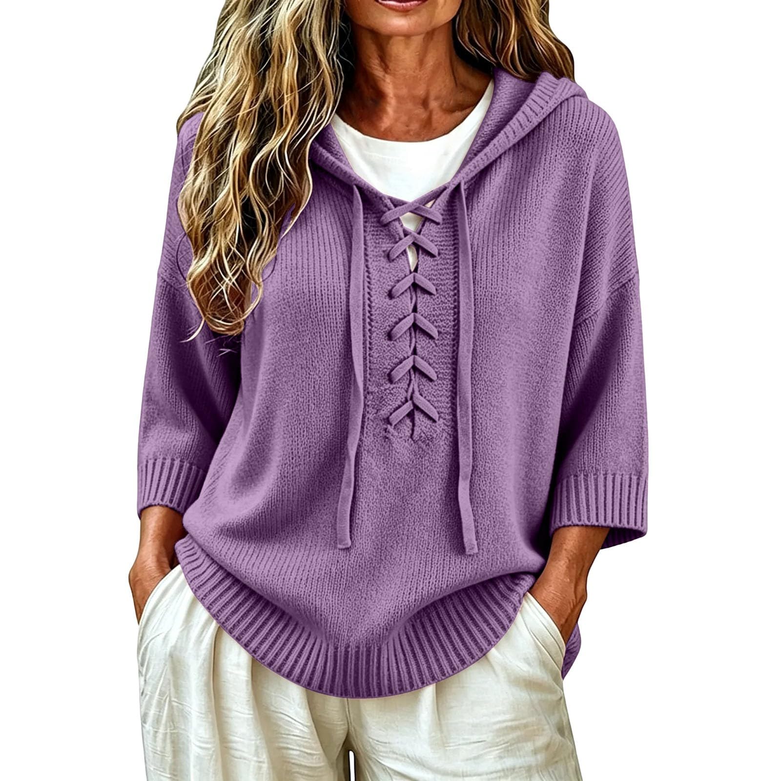 Generisch Felpa da donna in cotone, oversize, casual, tinta unita, elegante, lavorata a maglia, con cappuccio, confortevole, a maniche a 3/4, calda