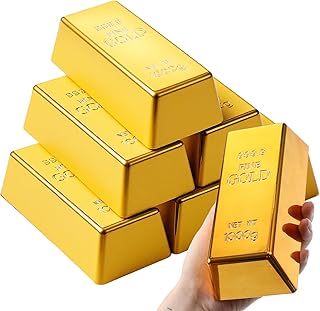 6 Pcs Fake Gold Bar Replica Brick Bullion Movie Prop for Stage Decoration Pirate Costume Supplies Paper Weight Door Stop (Gold, 6.5 Inch)