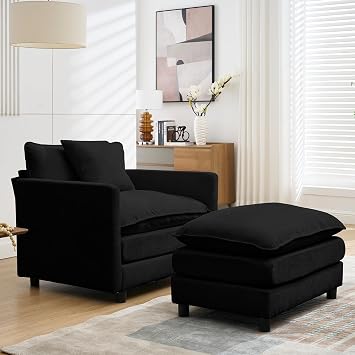 Button-Tufted Chaise Lounge Indoor, Velvet Chaise Lounge Chair with Legs & Toss Pillow, Armless Rolled Backrest Leisure Sofa Recliner For Living Room Bedroom Black-56.3"- Single Seat & Ottoman