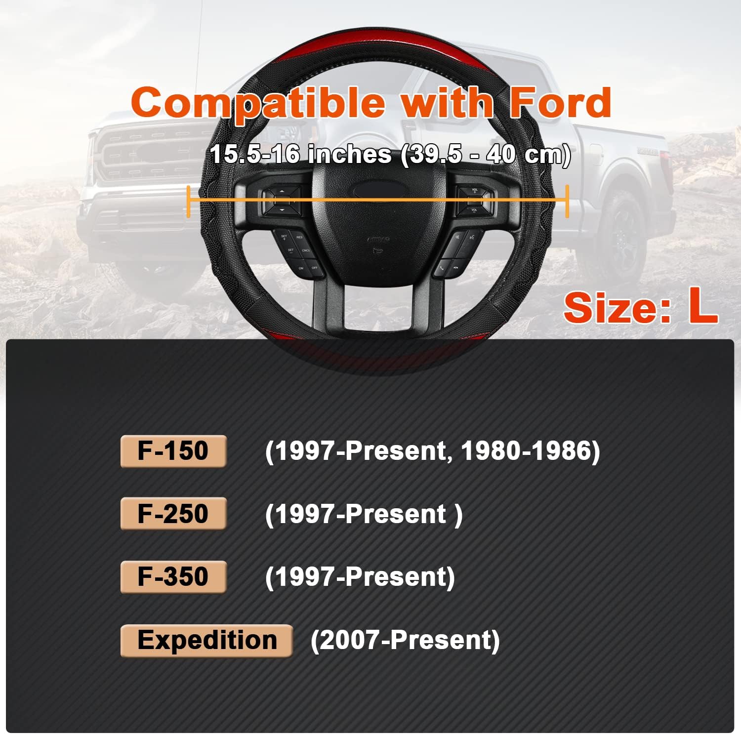 GIANT PANDA Car Steering Wheel Cover for Ford F150 F250 F350 Expedition 15.5-16 inches - Red