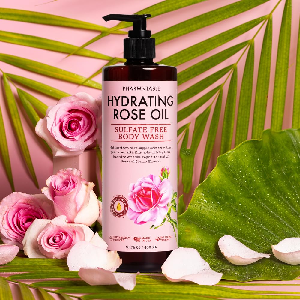 PHARM TO TABLE Gel doccia idratante con olio di rosa, per donne e uomini: idrata e illumina la pelle, senza solfati, 100% cruelty free, 480 ml