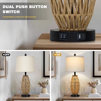 CINSARY 27 Boho Rattan Table Lamp with Night Light, Wicker Bedside Lamp with USB A+C Charging Port, Woven Coastal Bedroom Lamps for Nightstand, Tall Farmhouse Lamps for Living Room Single