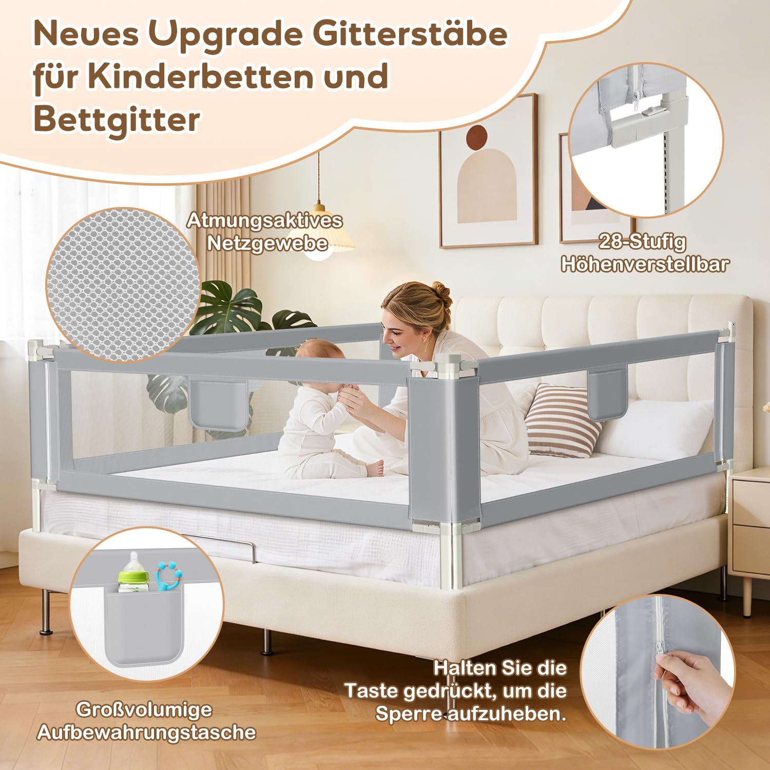 Barrera de cama de 180 x 80 cm – Altura ajustable con cierre de seguridad, barandilla resistente para cuna y cama de padres, un lado, gris