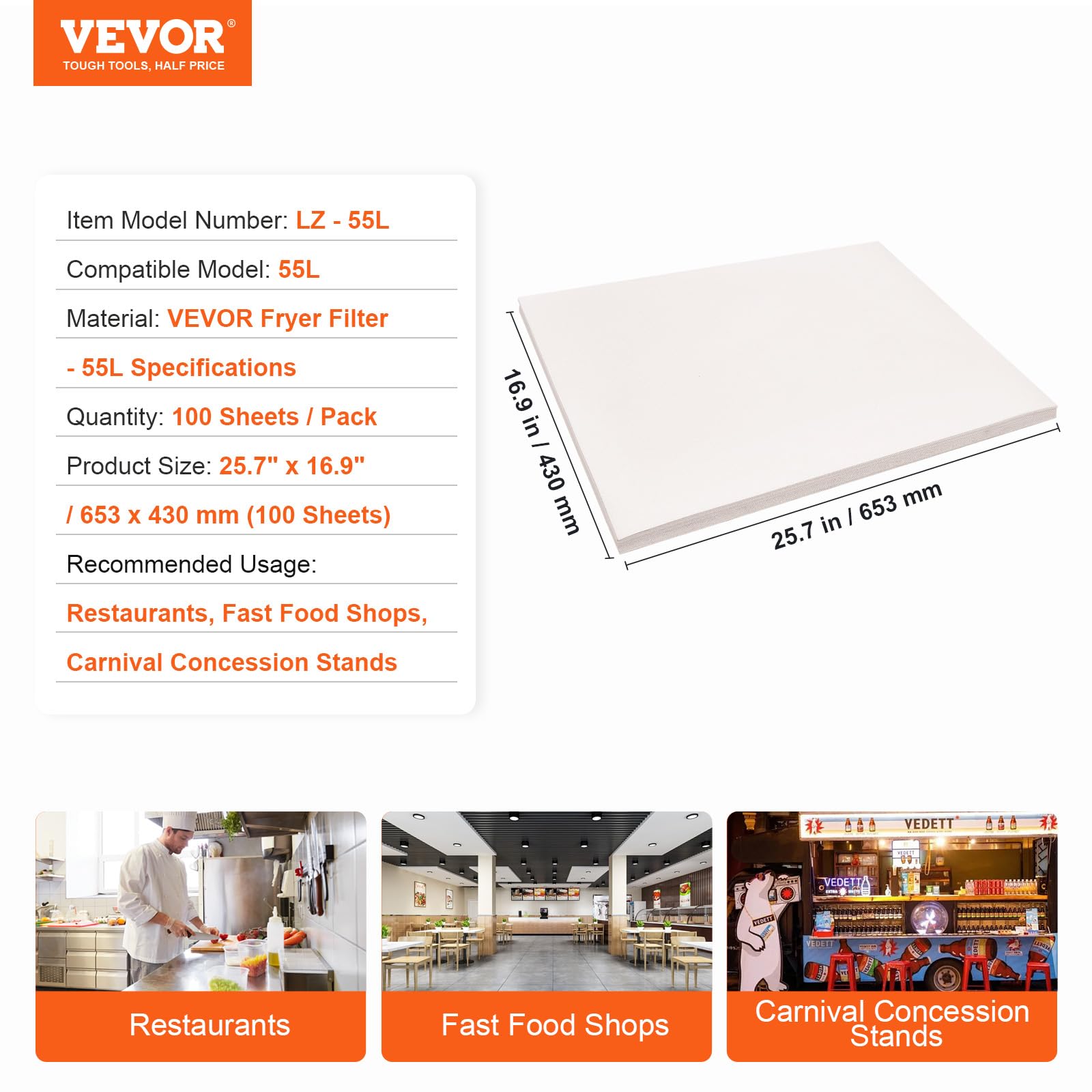 VEVOR Fritteusen-Filterpapier, 100 Blätter, 653 x 430 mm, Ersatz-Fritteusen-Filterblätter für 55 L Kommerzielle mobile Fritteusen-Filtermaschine, für Restaurant, Schnellimbiss, Karnevals-Konzessionss