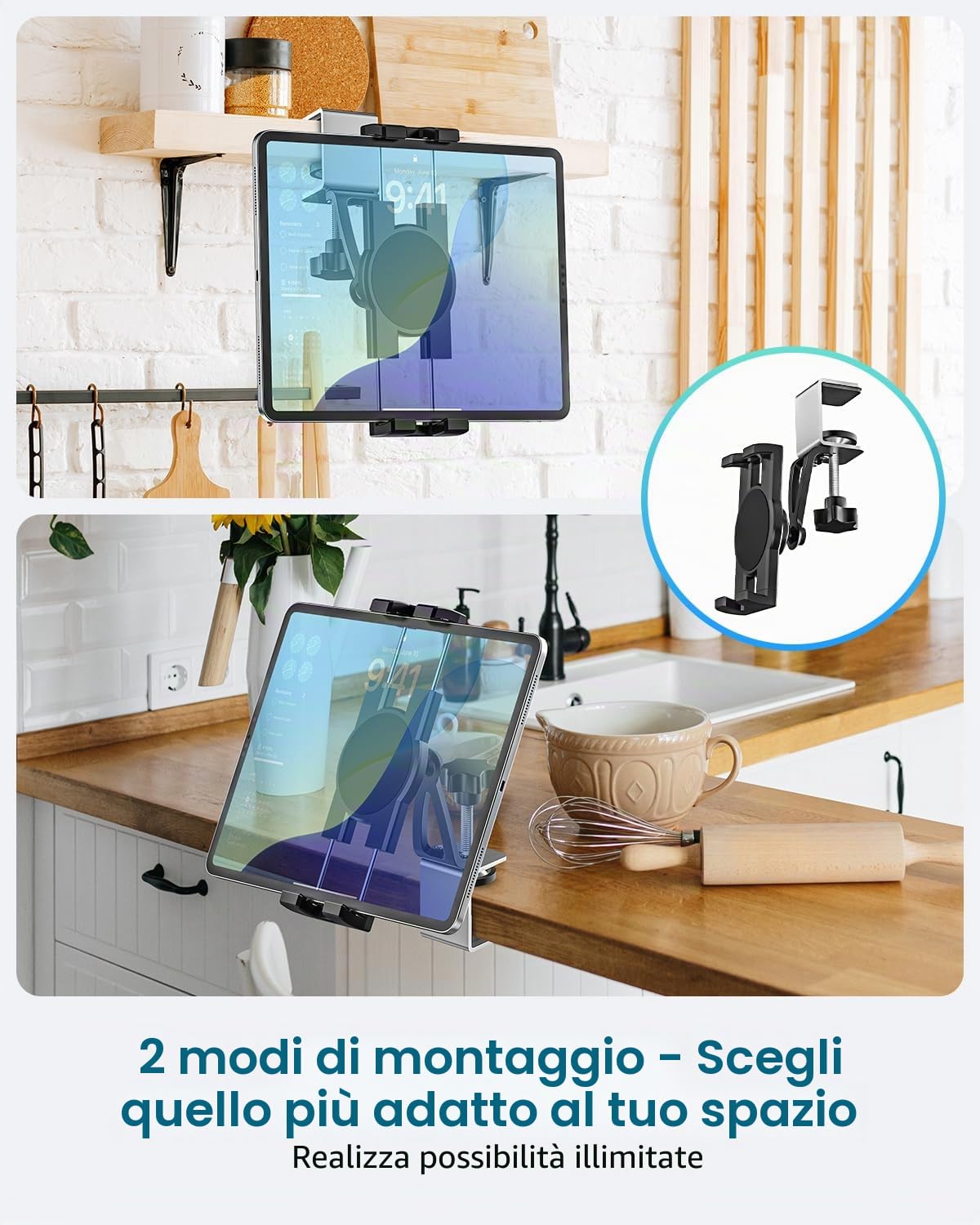 Supporto Tablet Cucina, Porta Tablet Cucina Tavolo Armadio | con Clamp in Metallo, Facile da Installare, per iPad Pro 12.9 10.5 9.7 Air Mini, iPhone e 4-13" Tablets & Telefonos