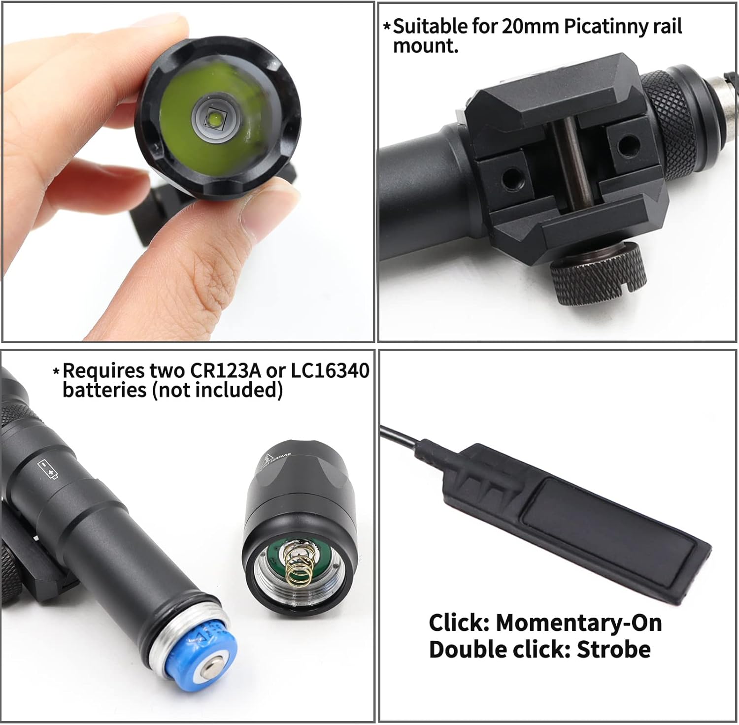 Tactical Picatinny Flashlight M600C Light LED Whitelight with Strobe Weapon Rifle Light, with Remote Pressure Switch Tactical Lights 400 Lumens (Black, M600C)