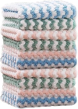 QUROXO Coral Fleece Striped Rag Cleaning Dish Cloth, Microfiber Cleaning Cloth, Super Absorbent Kitchen Dish Rags Non-Stick Towels 10PCS, 11.8 * 11.8in