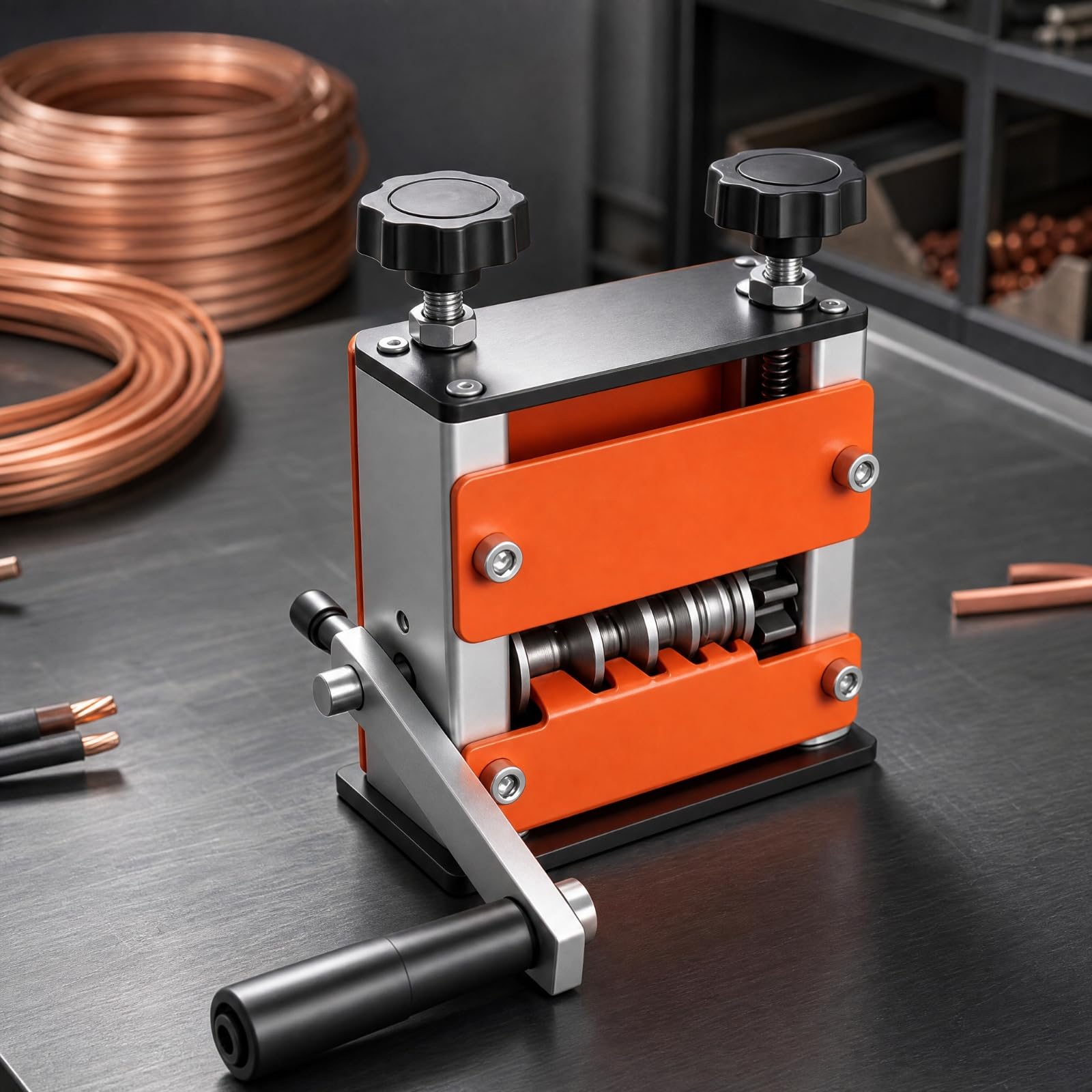 harayaa Máquina Peladora Cables Semiautomática con Base Metálica para Banco Trabajo con Rodillos Alimentación y Lateral para Eliminar, Amarillo
