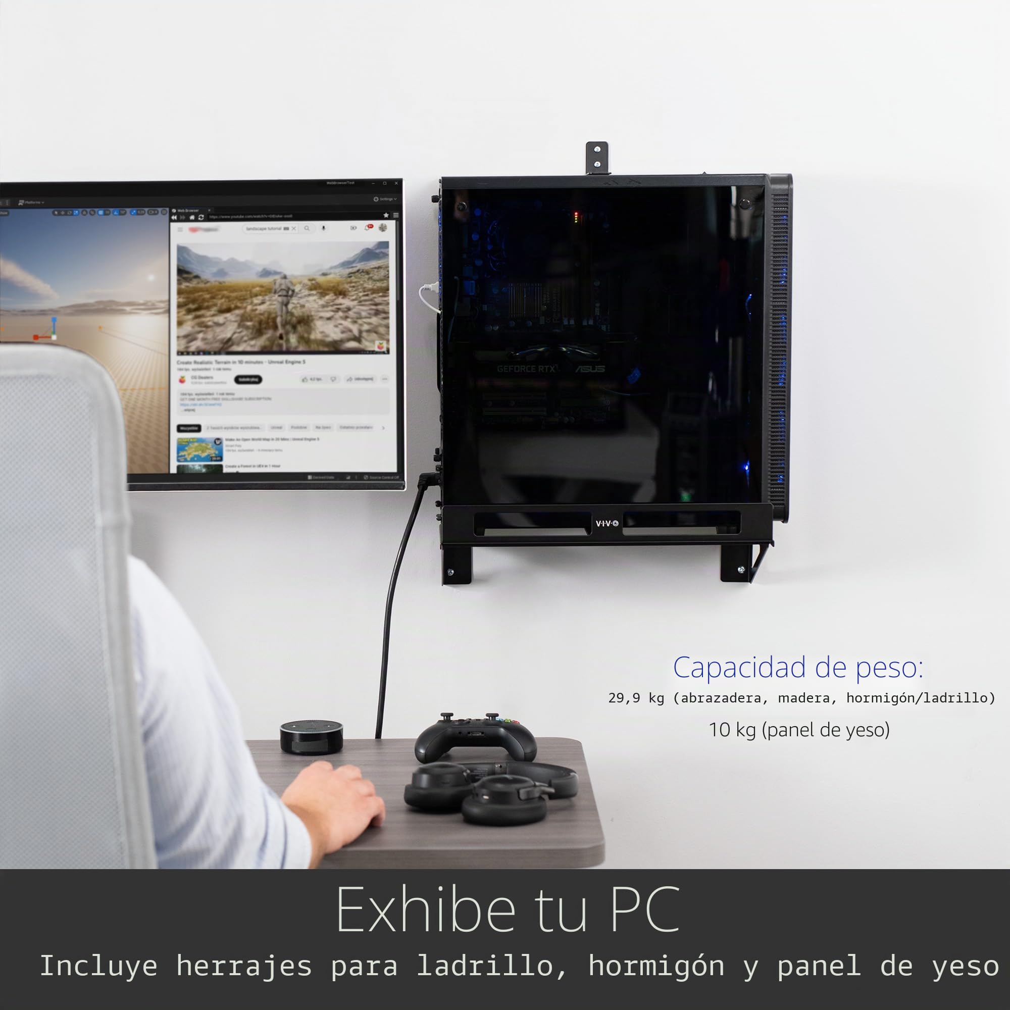 VIVO Soporte extensor de escritorio para PC con opción de montaje en pared, soporte estándar y grande para computadora de juegos, ajustable con bloqueo seguro, negro, MOUNT-PC07G