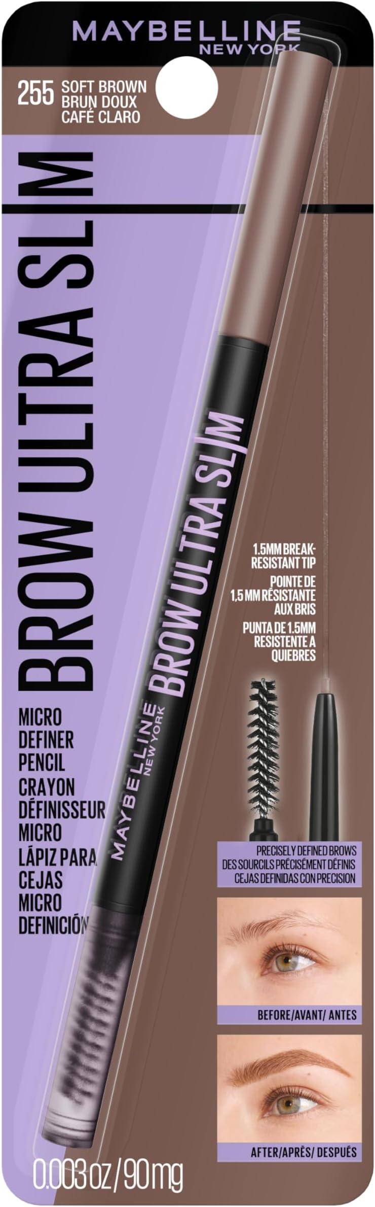 Maybelline Express Brow Ultra Slim Eyebrow Makeup, Brow Pencil with Precision Tip and Spoolie for Defined Eyebrows, Soft Brown, 1 Count (Packaging May Vary)