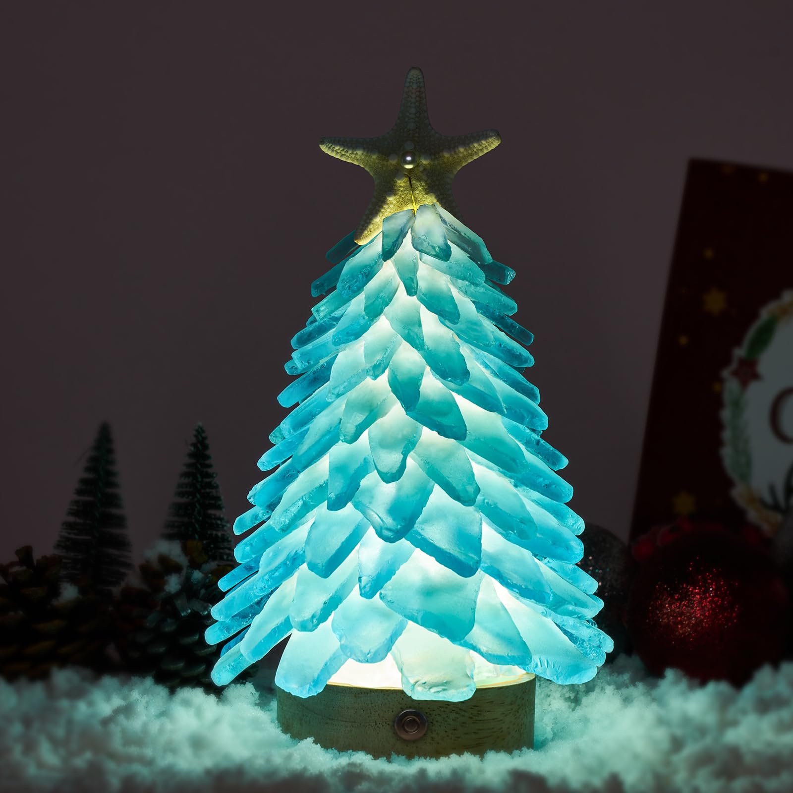 Sapin de Noël en verre bleu – Mini sapin de Noël fabriqué à la main avec lumières LED 3 couleurs, centre de table – Idéal pour Noël, Nouvel An, décoration d'intérieur, décoration de vacances côtières