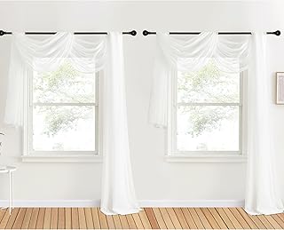 NICETOWN Sheer Textured Scarf Valances for Windows, 216" Extra Long Window Dressings for Anniversary/Wedding Design, 60" Wide, 2 Pieces, Off White