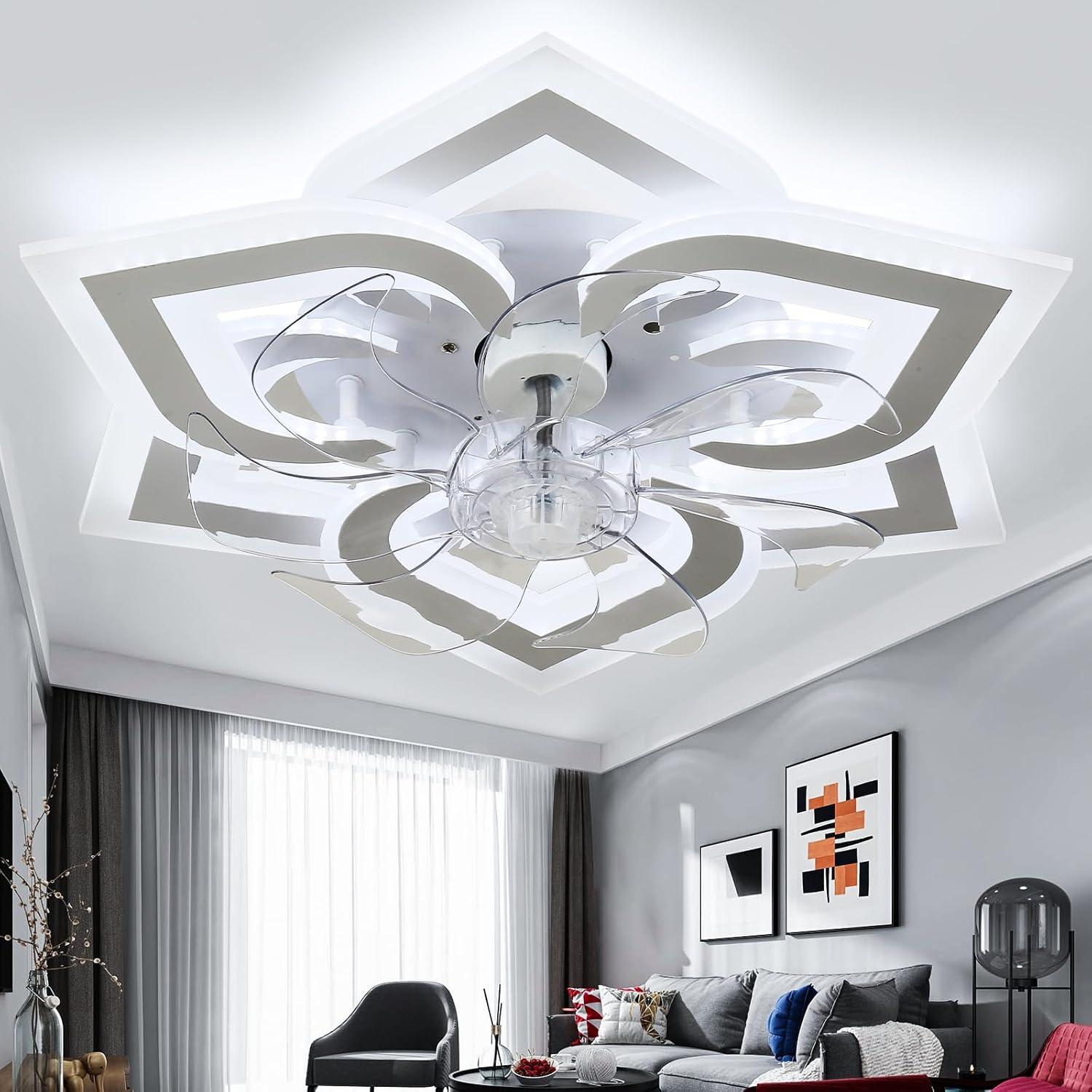 Modern Flower Ceiling Fan with Lights, 22" Low Profile Ceiling Fans with Remote Control, 6-Speeds and Reversible Flush Mount Dimmable LED Fandelier for Bedroom Kitchen