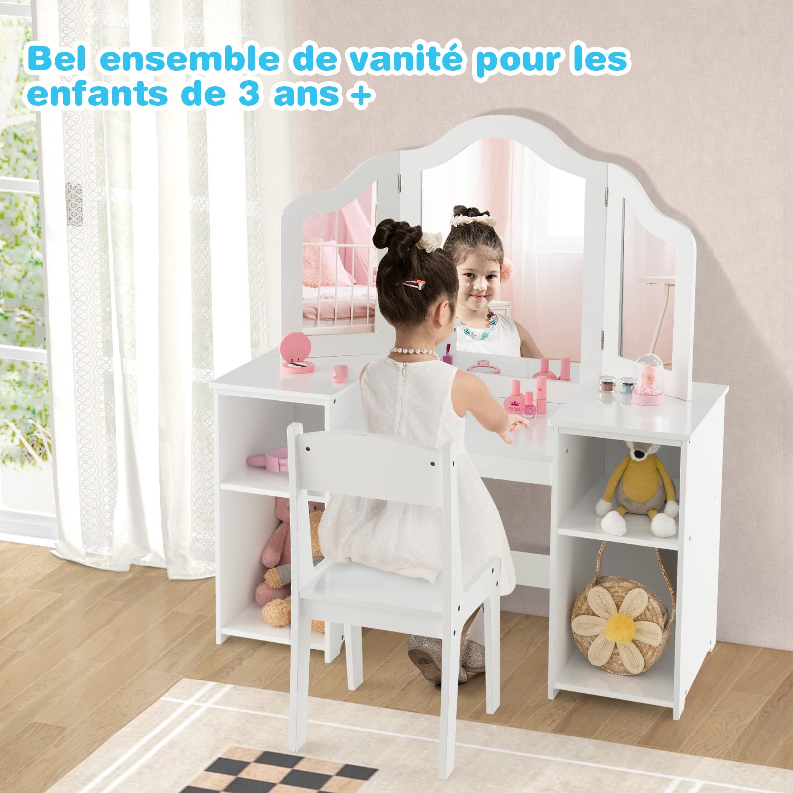 COSTWAY 2 en 1 Coiffeuse et Chaise Enfants avec Miroir Amovible à Trois Volets, Table de Maquillage Princesse avec 4 Compartiments de Stockage, 104x40x117cm pour Enfants de 3 Ans+…