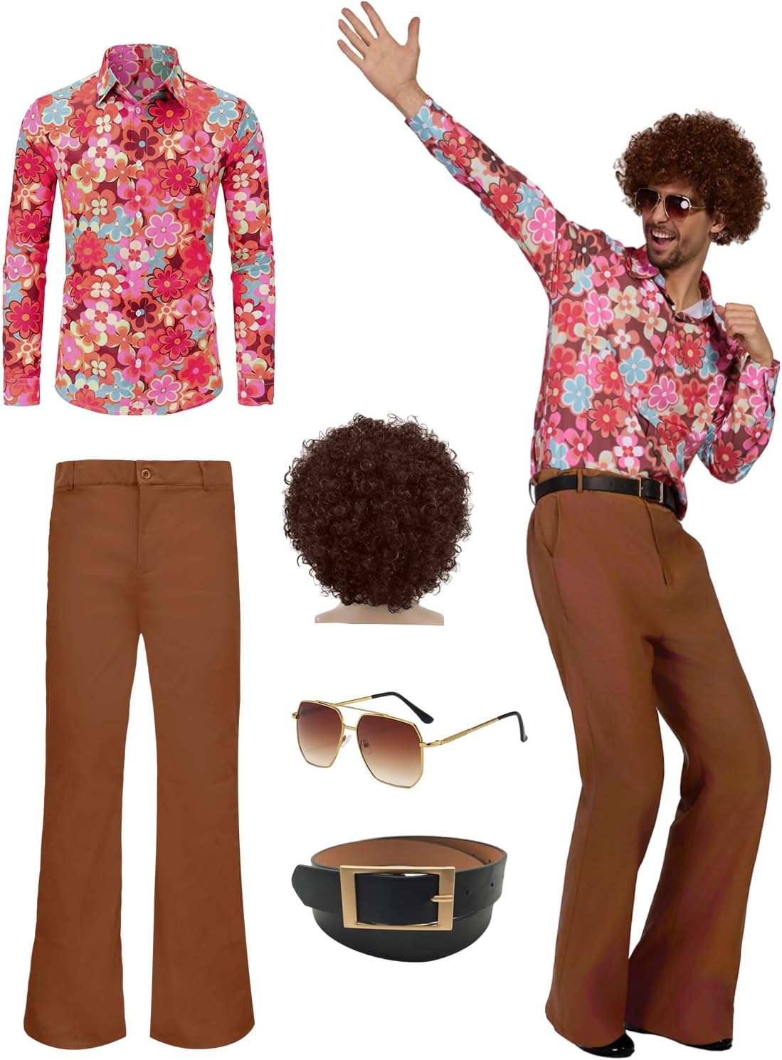 70s Disco Outfits for Men 70's Retro Clothes Shirt Bell Bottom Pants Vintage Hip Hop Costume with Wig Accessories