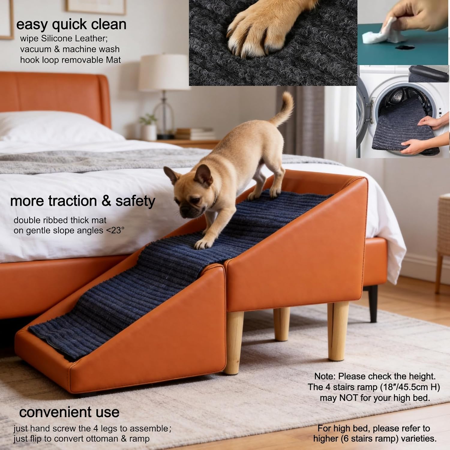 Foldable Dog cat Stair ramp Solid Wood Ottoman 18in H for Couch & Low Bed | Skin soft silicone vegan leather wear tear stain proof, easy wipe clean, hook loop washable mat, non slip sturdy safety