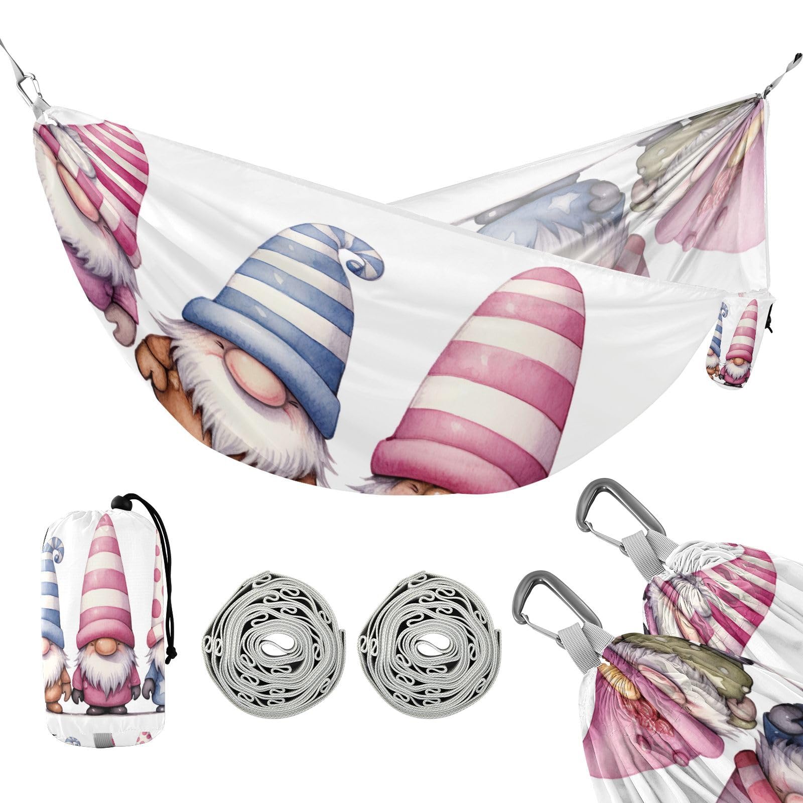 SDMKA Gnomes in Pink Camping Hammock, 330 lbs with 2 Tree Straps, Carry Bag, Single Portable Hammock for Outdoor/Indoor, Hiking, Beach, Backpacking, Travel