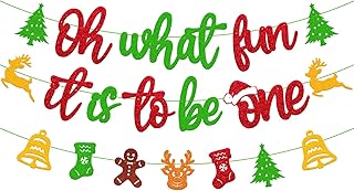 Oh What Fun It Is To Be One Banner Merry Christmas Tree Xmas Bell Deer Happy New Year Theme for Kids Boy Girl First 1ST Happy Birthday Party Red and Green Decoration