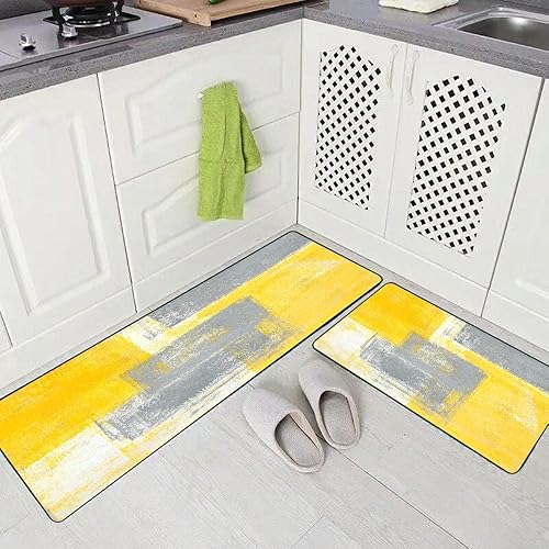 Miniatura 2 de TOMWISH Alfombras y tapetes de cocina antideslizantes, lavables, amarillos, gris y amarillo, pintura de arte abstracto, juego de 2 tapetes para el