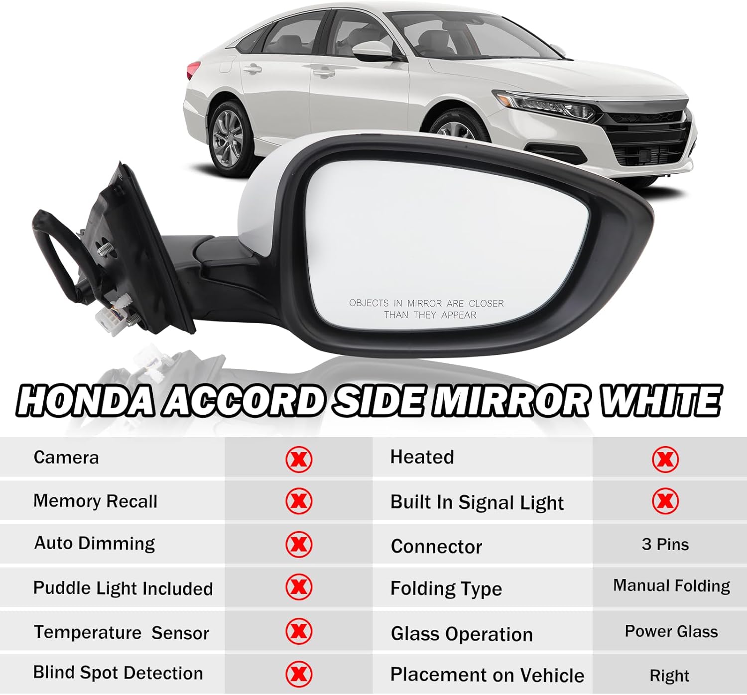 Passenger Side View Mirror Compatible with 2018 2019 2020 2021 2022 Honda Accord Sedan White Non Heated Without Signal Light 76208TVEH01