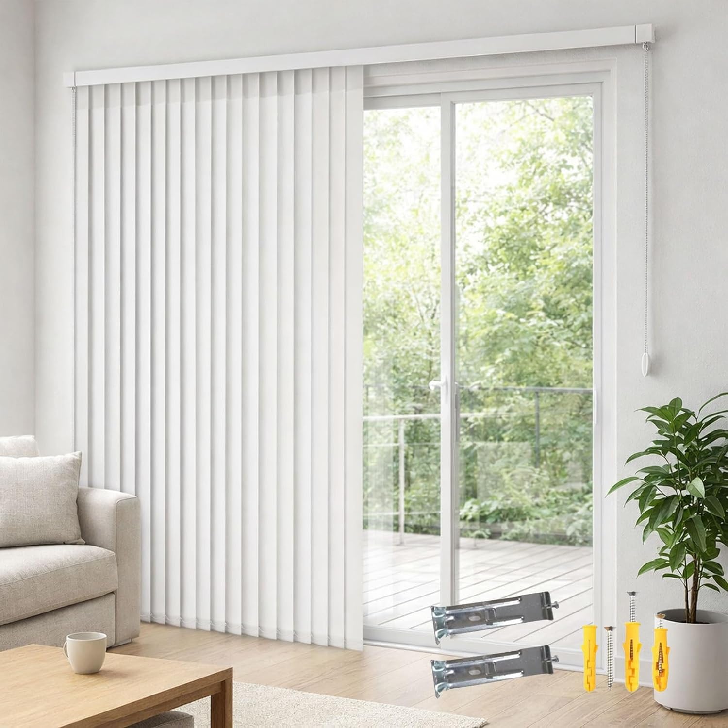Fabric Vertical Blinds for Sliding Doors, White Fabric Vertical Shades, Adjustable Blackout Window Blinds Privacy Sliding Door Blinds for Room Divider and Large Windows(W114x H71in)
