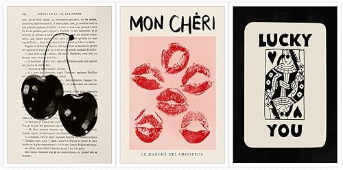 Arte de pared retro de los años 70, lienzo blanco y negro para decoración de pared, juego de 3 póker Lucky You Queen, labios rojos cereza, beso, disponible en Yaxa Colombia