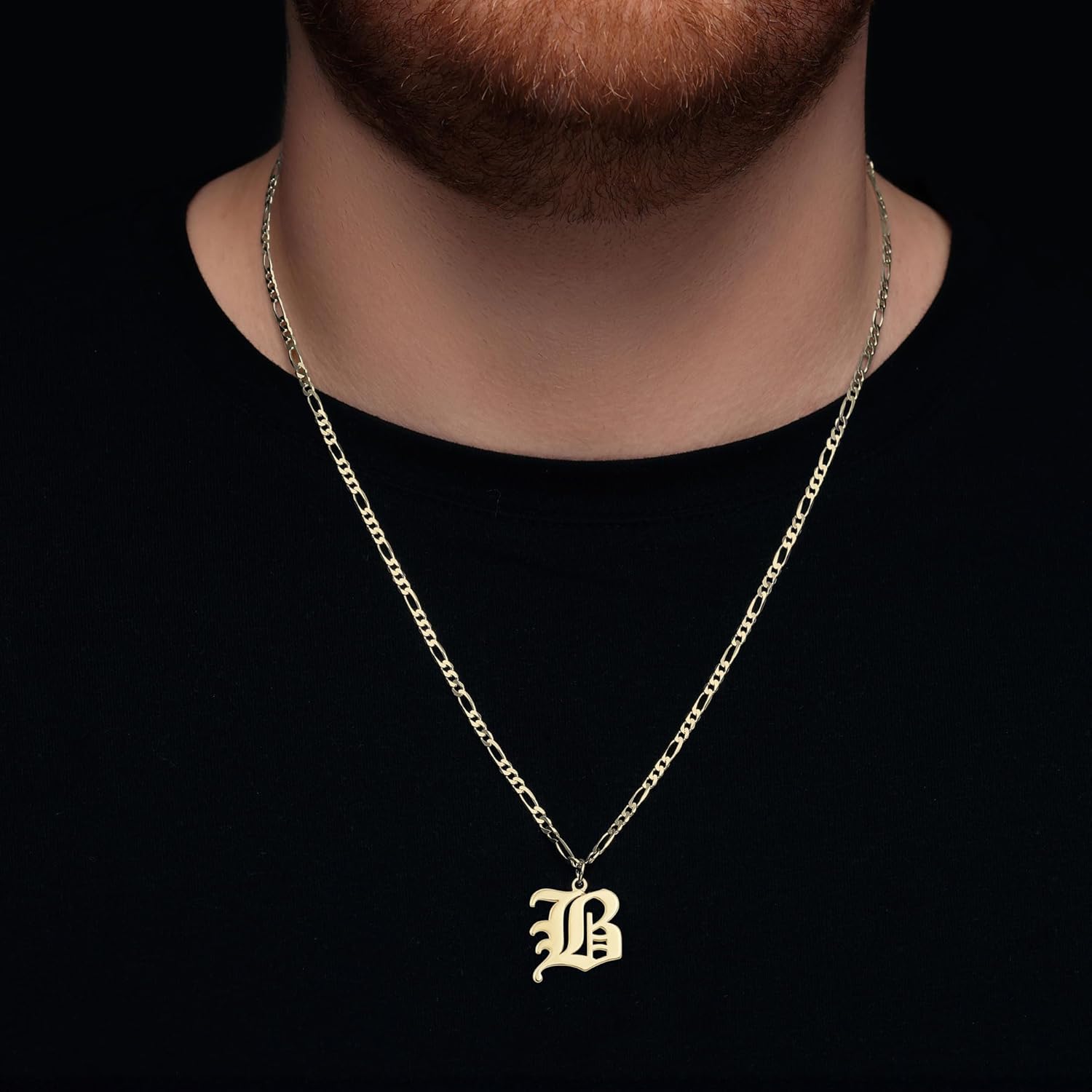 Beleco 14k Gold Plated Initial Pendant Necklace for Men – A-Z Letter Necklace with Figaro Chain, Old English Personalized Gold Alphabet Charm Jewelry - Image 5