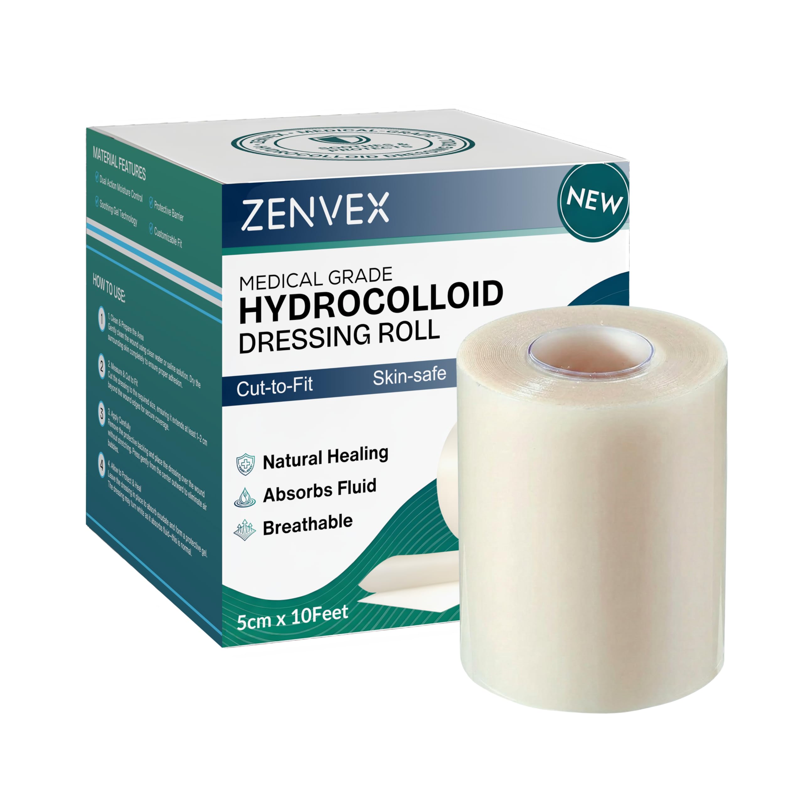 Medical Grade Hydrocolloid Dressing Roll,Promoting natural healing, Cut-to-Fit, Water-Resistant, Breathable, Absorbs Fluid (5 Cm X 10 Feet)