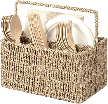 StorageWorks Rattan Silverware Caddy, Wicker Flatware Organizer