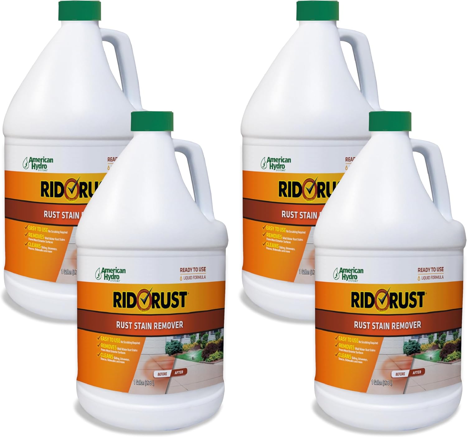 Outdoor Liquid Rust Stain Remover, Removes Stains, Calcium, and Limescale from Concrete, Vinyl Siding, and More, 1 Gallon Bottles (4 Pack)