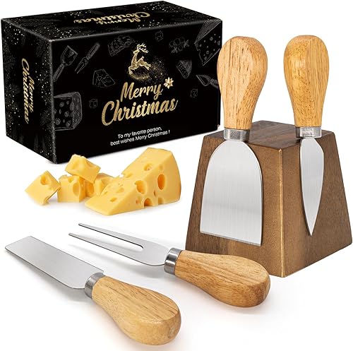 Miniatura 1 de Juego de cuchillos de queso para embutidos  4 cuchillos de queso pequeños de acero inoxidable y tenedor con soporte magnético de madera de acacia
