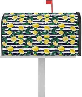Mailbox Cover Magnetic Yellow Lemon Summer Green Leaves Mailbox Covers Standard Size 21x18in,Mailbox Covers Wrap Post Letter Box Cover for Garden Yard Outdoor Decor Vintage White Stripes