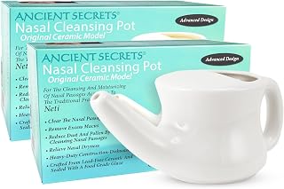 ANCIENT SECRETS Neti Pot Sinus Rinse – Dishwasher-Safe Ceramic Model, Patented Ergonomic No-Leak Design, Nasal Cleansing Pot, Nasal Irrigation (Pack of 2)