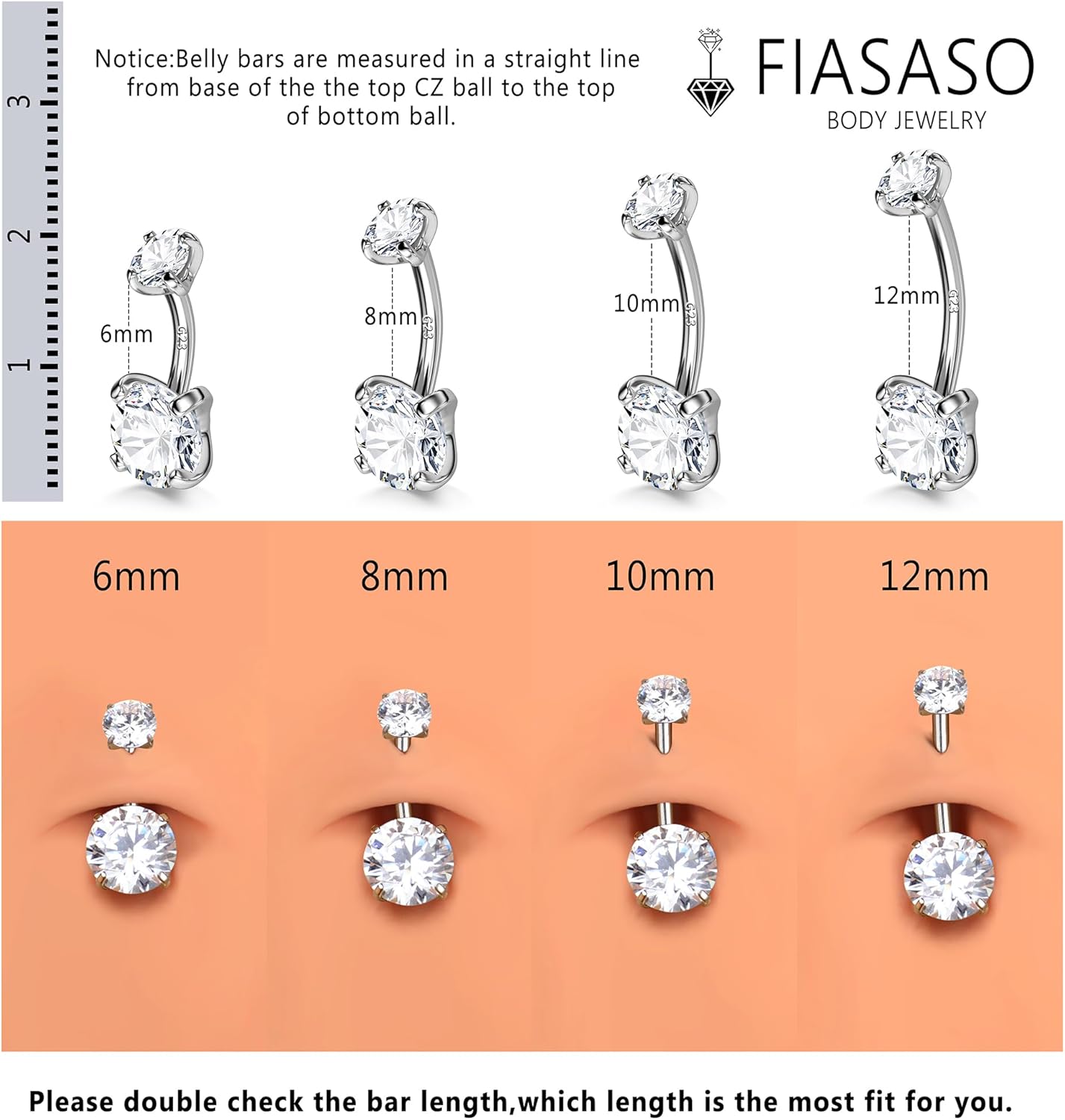FIASASO 14G Surgical Steel G23 Titanium Sterling Silver 14K Gold Plated Belly Button Rings for Women Round Cubic Zirconia Navel Barbell Stud Hypoallergenic Body Piercing Jewelry - Image 4