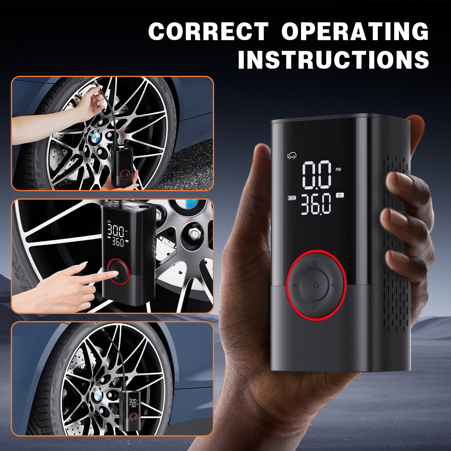 Compressore Aria Portatile Auto – Mini Gonfiatore Pompa ad Aria Senza Fili con manometro Digitale e Luce LED, 150 PSI, gonfiaggio 3 Volte più Veloce e spegnimento Automatico