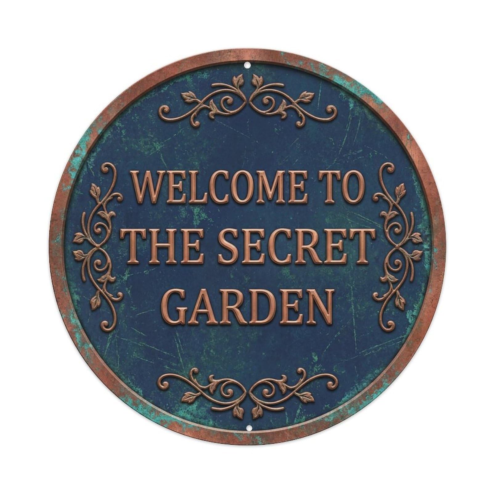 Vintage Welcome Secret Garden Copper Indigo Aged Metal Tin Sign
