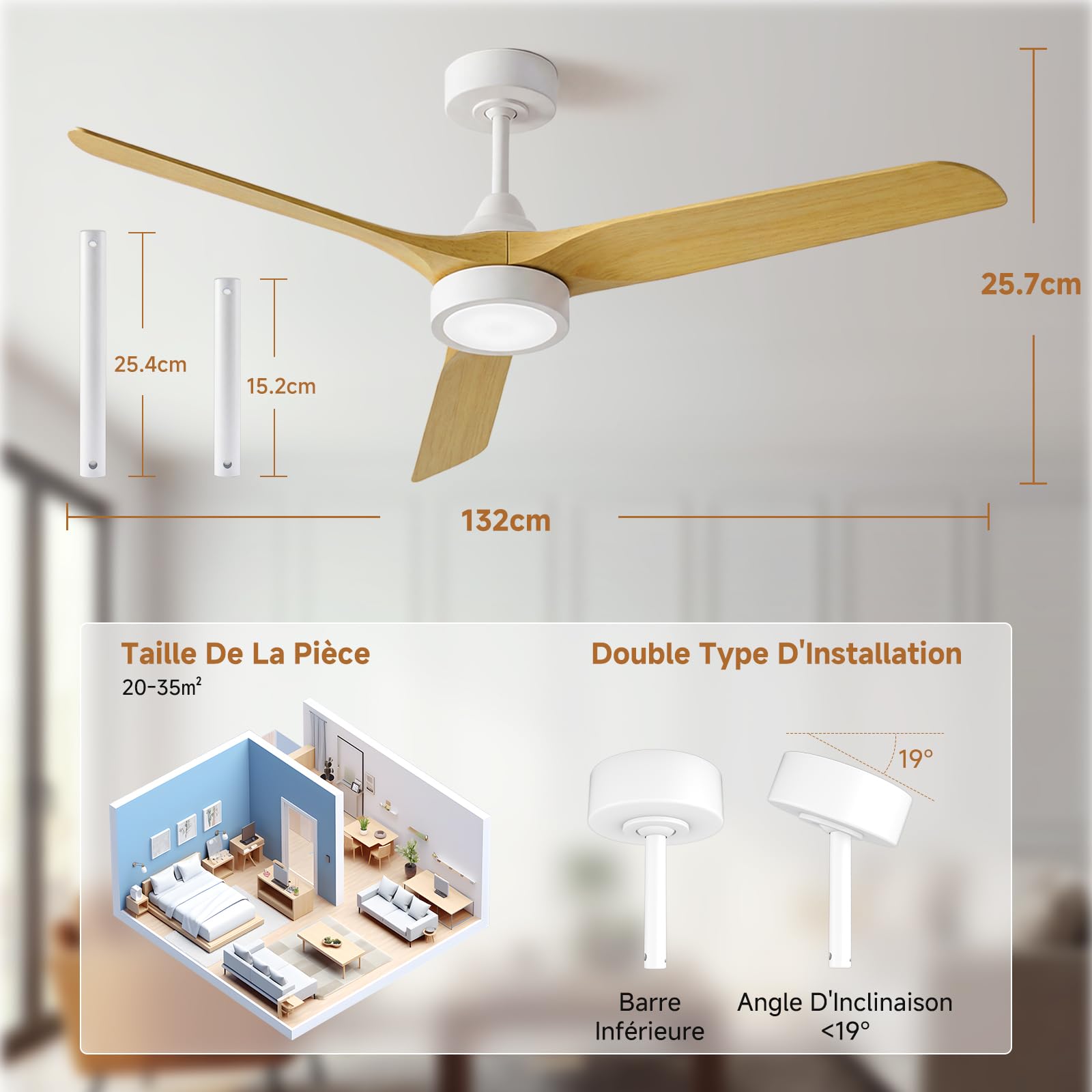 Ateroll Ventilateur Plafond Télécommande, Ventilateur de Plafond Design & Silencieux, Ø132 cm en ABS, Ventilateur Dimmable Plafonnier 6 Vitesses, Minuterie 3 Températures LED Chambre, Salon & Terrasse