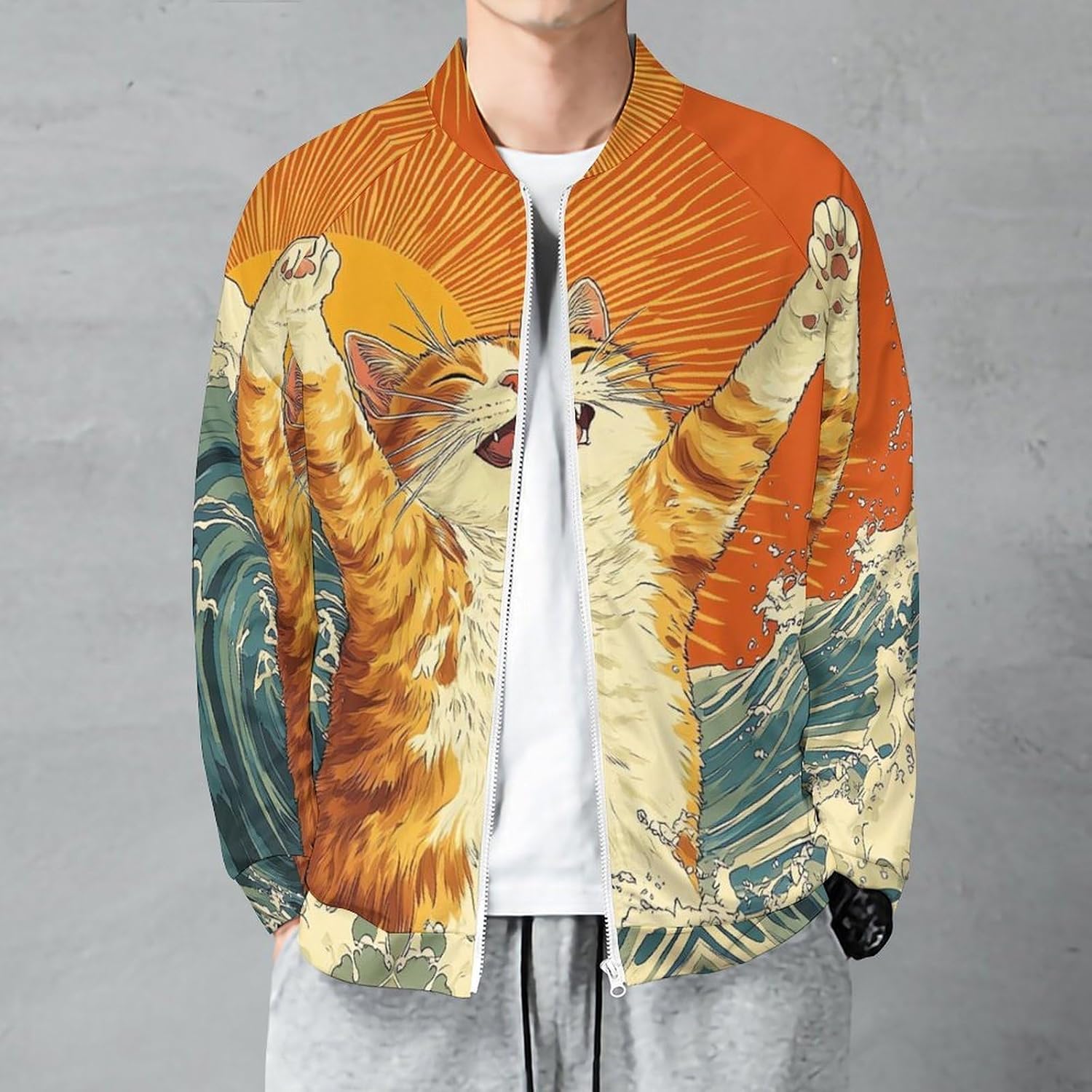 Japanese Cat Ocean Wave Men's Zip Up Sweatshirt Casual Sweater Jackets Long Sleeve Tops Lightweight Coat