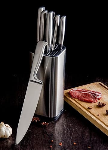 Vista 9 de Bloque universal para cuchillos, soporte para cuchillos de acero inoxidable con ranuras para tijeras y varilla de afilar, soporte rectangular