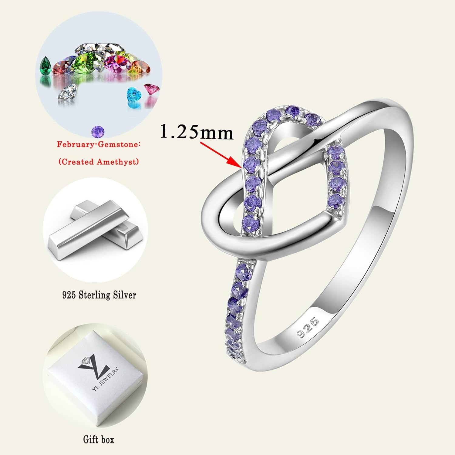 YL Love Knot Heart Promise Ring 925 Sterling Silver Infinity Rings Birthstone Anniversary Band for Women - Image 6
