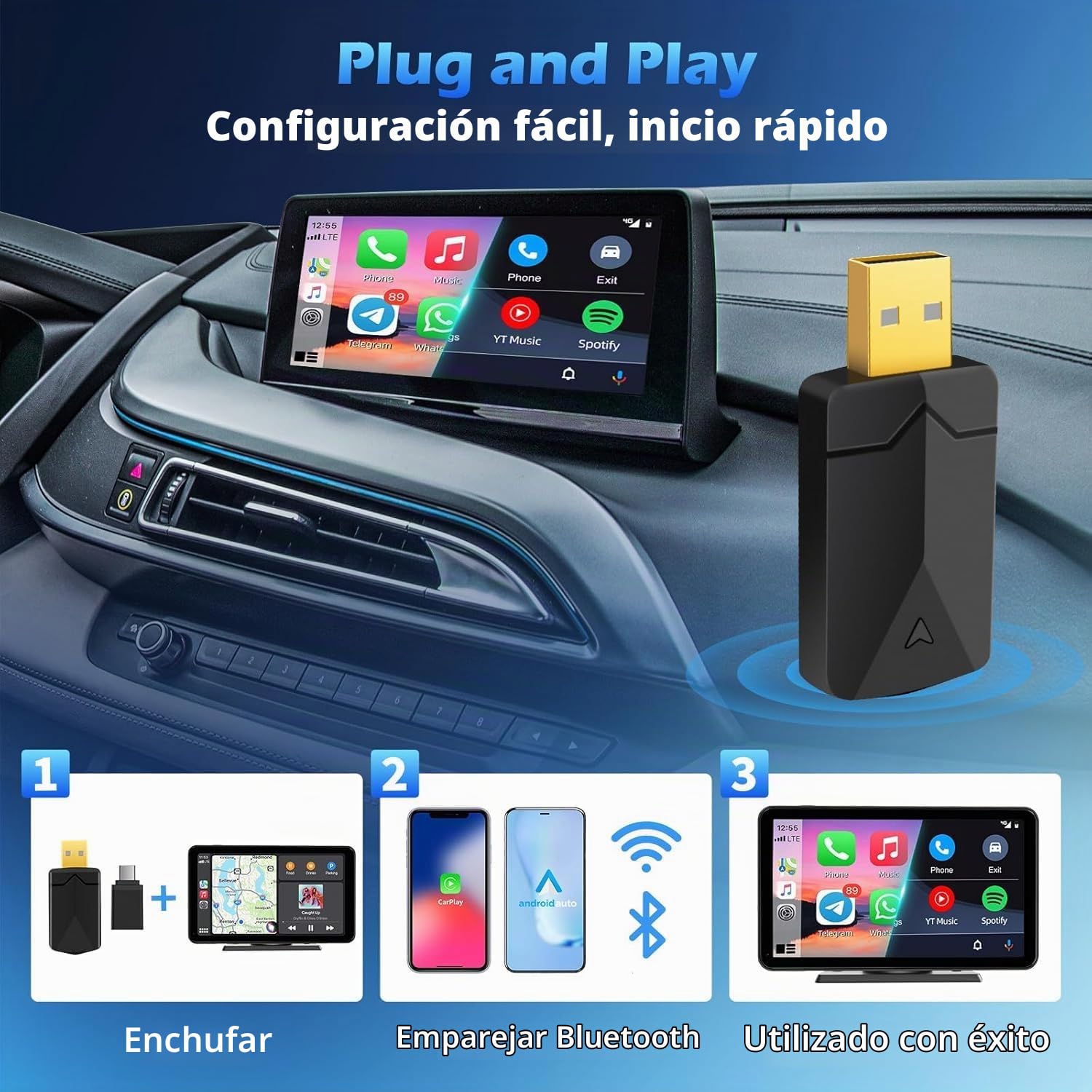 Adaptador Inalámbrico 2 en 1 para CarPlay y Android Auto, Convierte Conexión por Cable a Inalámbrica, Fácil de Conectar y Usar, USB C/A, Mini y Estable, Compatible con iOS 10+ y Android 11+