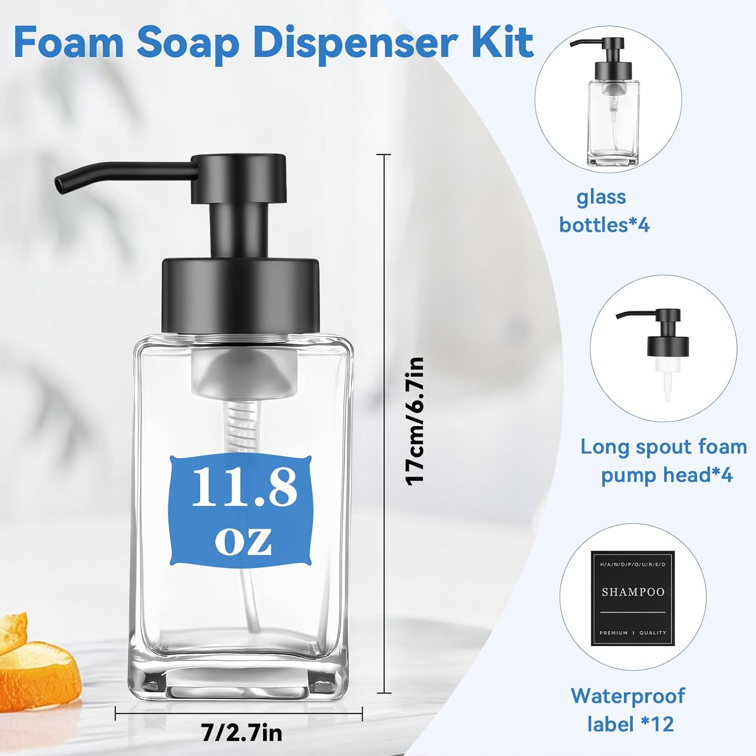 4 Pack Glass Foaming Soap Dispenser 10 OZ Glass Soap Dispenser for Bathroom & Kitchen with Labels for Liquid Soap,Shampoo,Body Wash,Dish Soap - Image 2