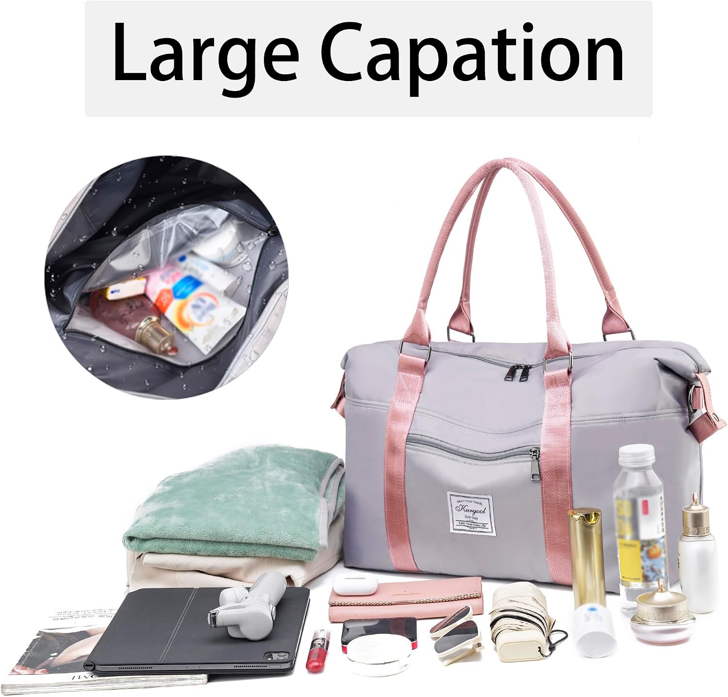 Gym Bag with Wet Pocket, Foldable Travel Duffle Bag Carry On Weekender Bags for Women, Waterproof Overnight Bag for Travel, Gym, Yoga image 3