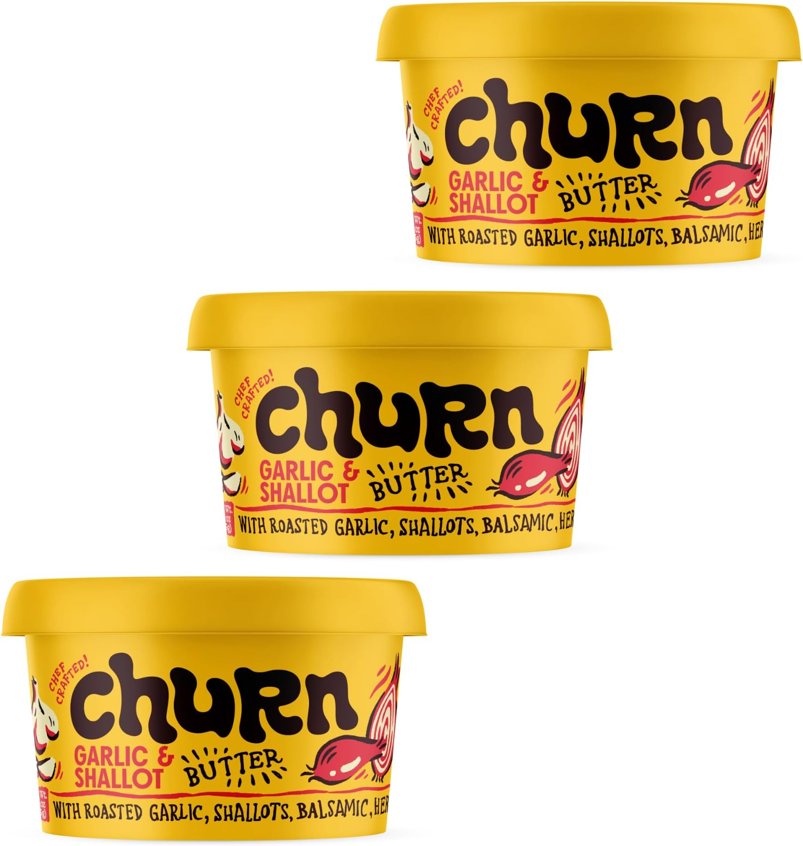 Churn Garlic & Shallot Butter, Flavored Butter Churned with Organic Grass Fed Butter (5.5oz, Pack of 3) - Non-GMO, Hormone-Free, Compound and Finishing Butter