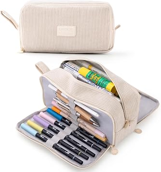 CICIMELON Big Corduroy Pen Pencil Case 3 Compartments Pouch Bag for School Supplies Office Travel Organizers, Cream