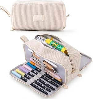 CICIMELON Big Corduroy Pen Pencil Case 3 Compartments Pouch Bag for School Supplies Office Travel Organizers, Cream