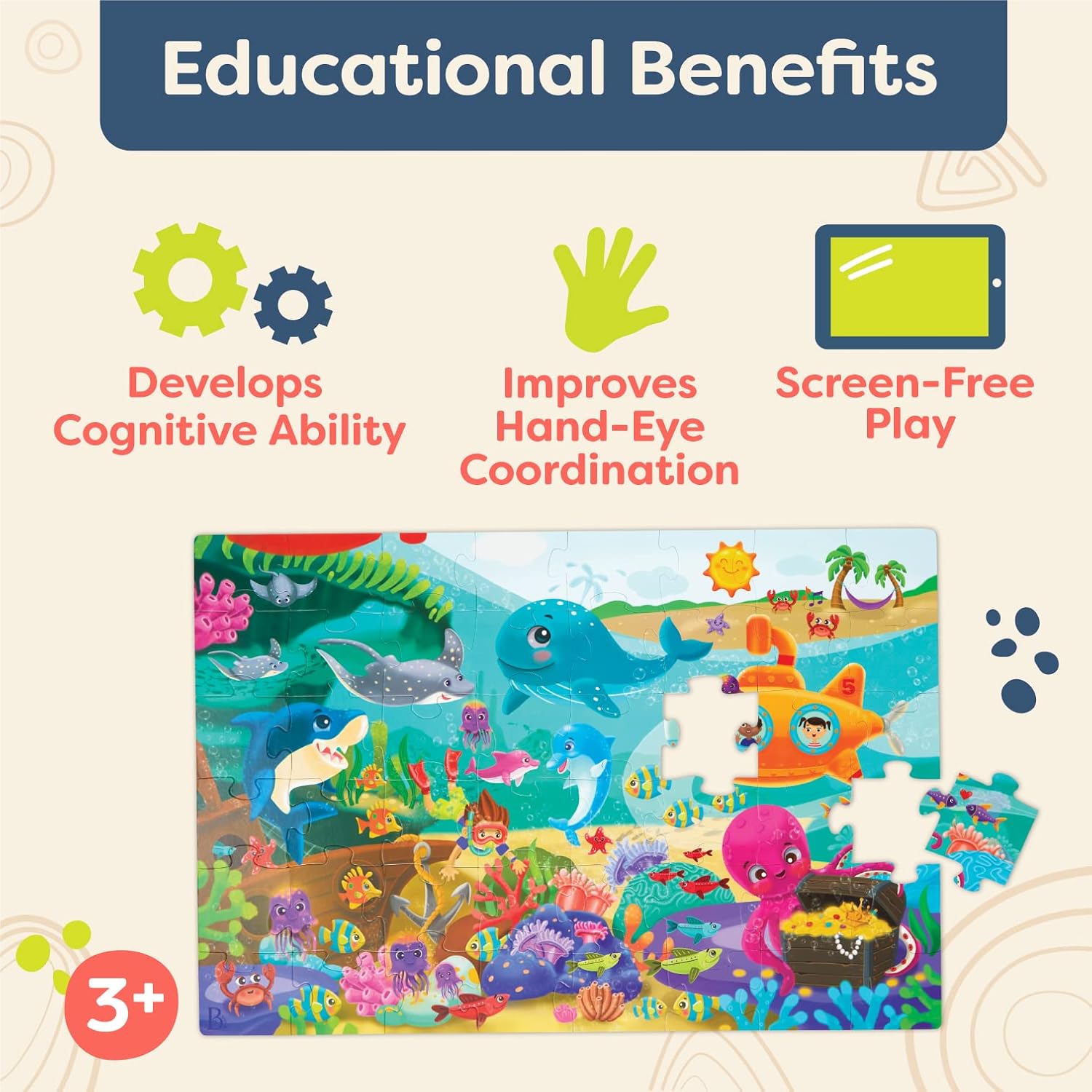 B. toys – Under The Sea Floor Puzzle – Kids Puzzles Jigsaw Puzzles – 48 Pieces Kids Puzzle with Ocean Animals – Educational 24 x 36-Inch Learning Toy for 3+ Years – Colorful Marine Life Adventure-Inch