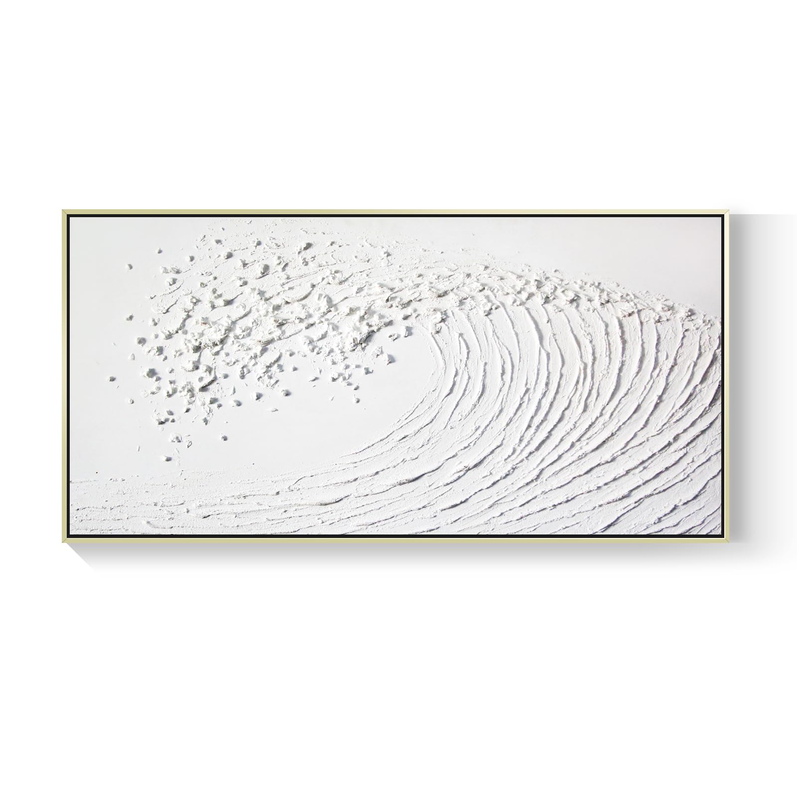 White Hand Painted Oil Painting Wall Art - Large Gold Framed Ocean Waves 3D Textured Home Decor 48x24 Horizontal Canvas Minimalist Artwork Decoration for Living Room Bedroom